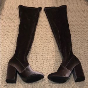 Velvet brown over the knee heeled boots